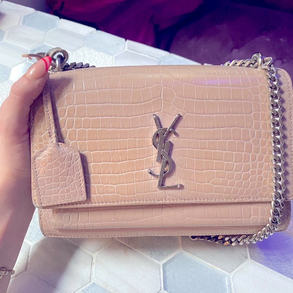 YSL PINK MEDIUM SUNSET BAG CROCODILE EMBOSSED YVES LAURENT CROSSBODY SHOULDERBAg